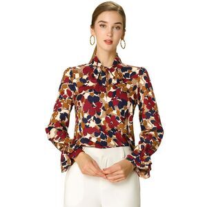 Floral Tie V Neck Blouse Chiffon Ruffle Trumpet Top Red